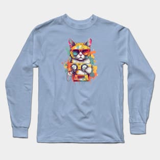 Playful cat wearing sunglasses and holding a boombox Long Sleeve T-Shirt